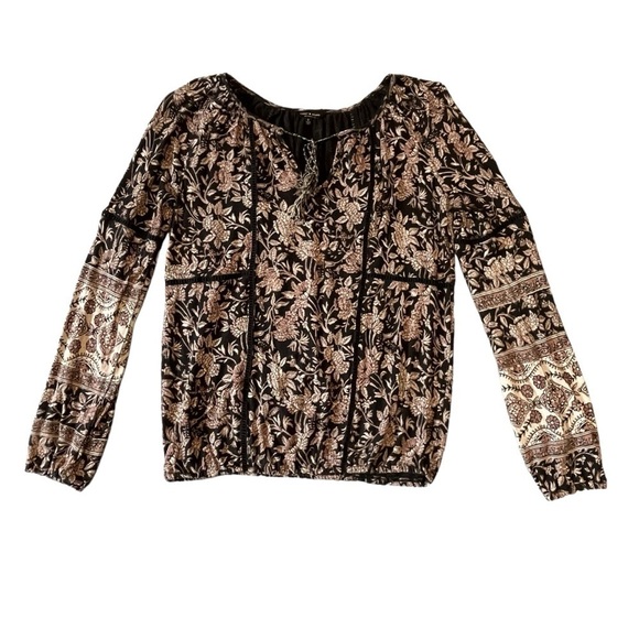 Lucky Brand Floral Boho Raw Edge Ruffle Tunic. Black Tan Multi. Size S #1302 - Picture 4 of 7